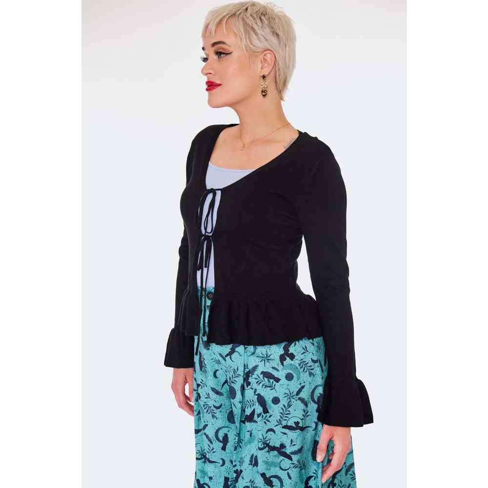 Voodoo Vixen - Tie Front Ruffle Strickjacke - Schwarz